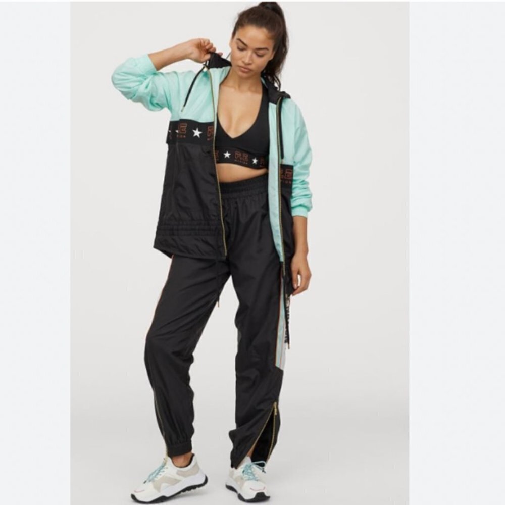 PE NATION X H&M BLACK MINT ZIP UP HOODED LIGHTWEIGHT TRACK JACKET - S